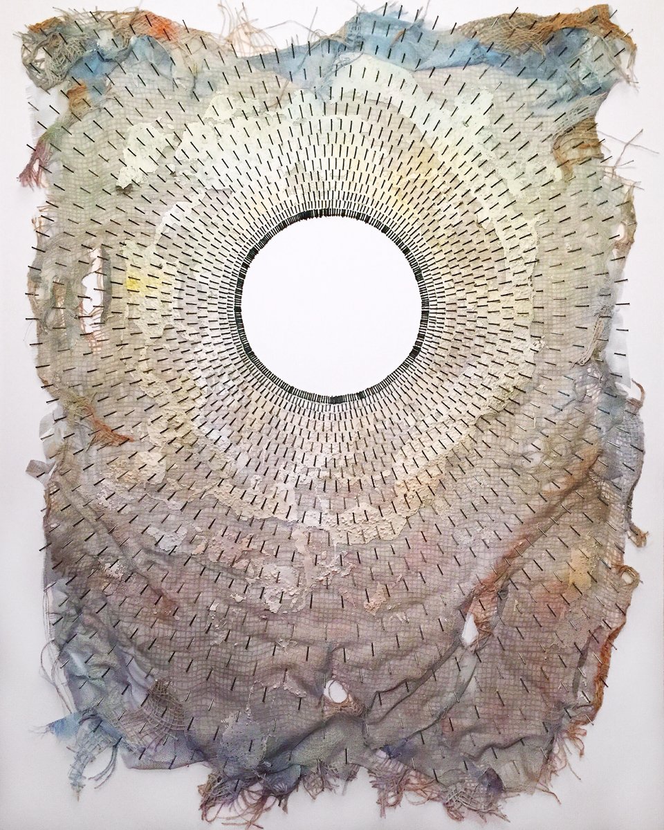 In Search of an Authentic Gesture by Jeffrey Michael Austin: Burlap, window screen, glue, plaster, paint and nails on panel; 40 x 52 inches