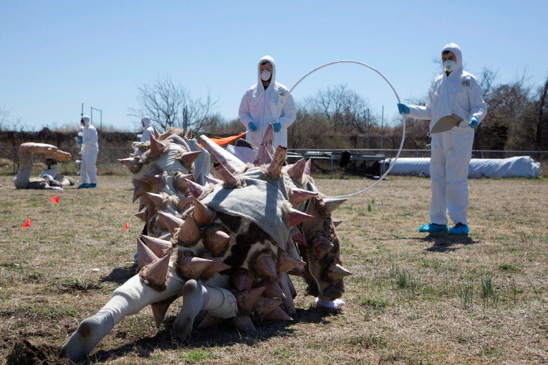 A performer dressed in a costume of spikes crawls toward performers dressed as researchers holding a hoop.