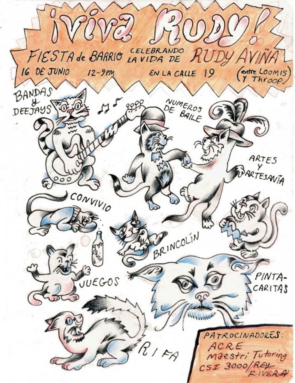 Flyer with illustrations of cats partying 