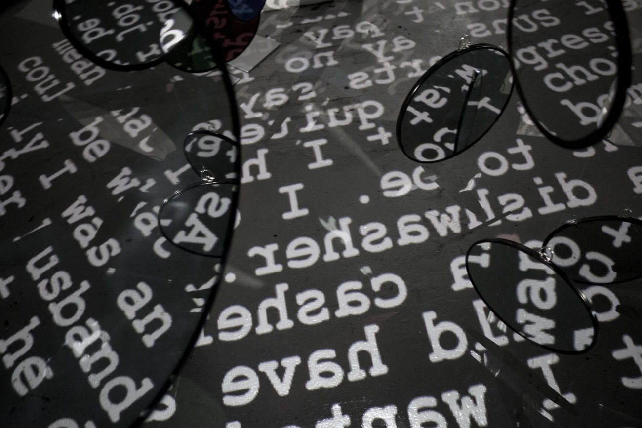 Image image showing and abundance of mirrors and fractured, projected text. 