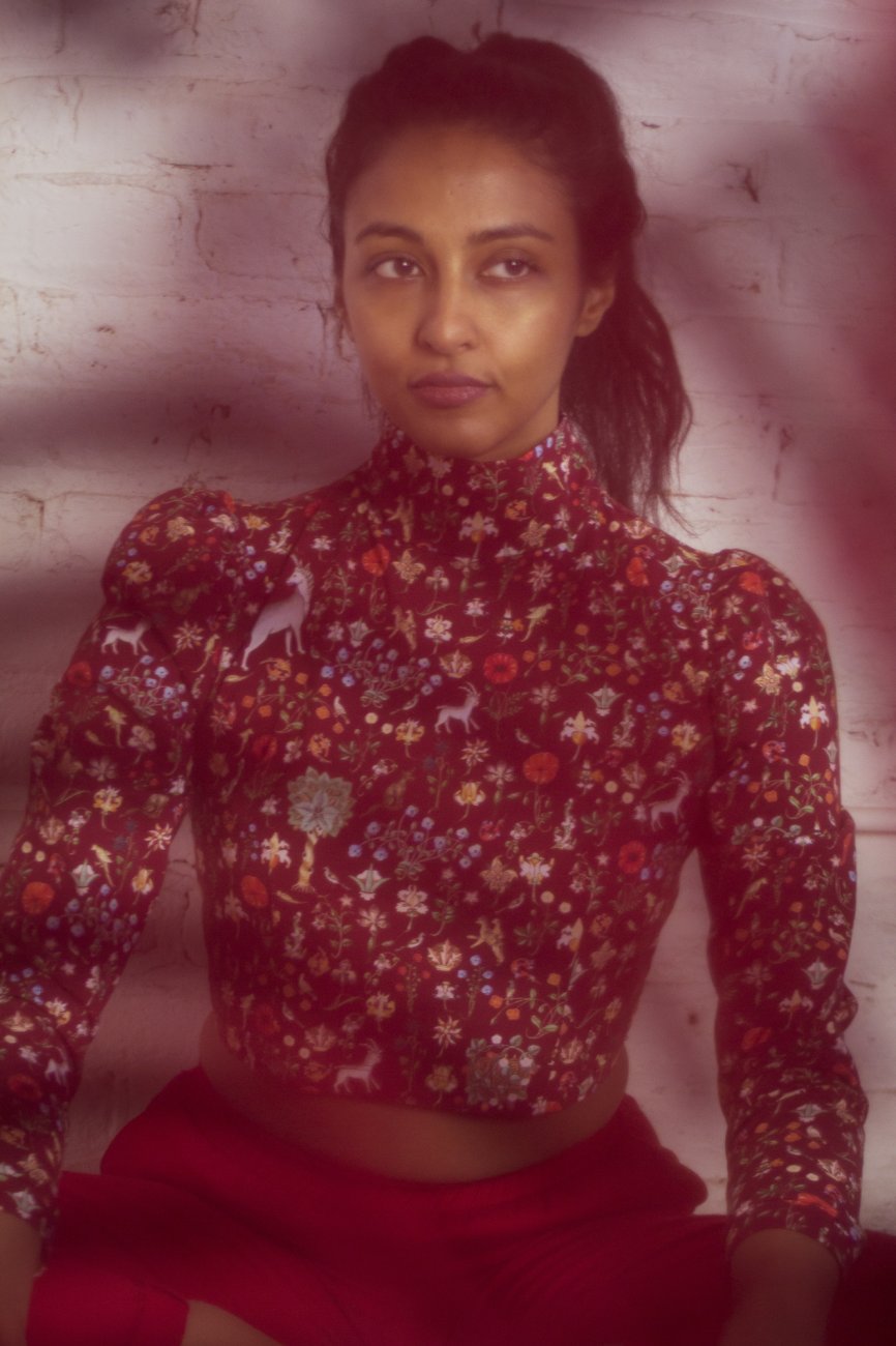 Portrait of Lakshmi Ramgopal wearing red and sitting in a red shadow