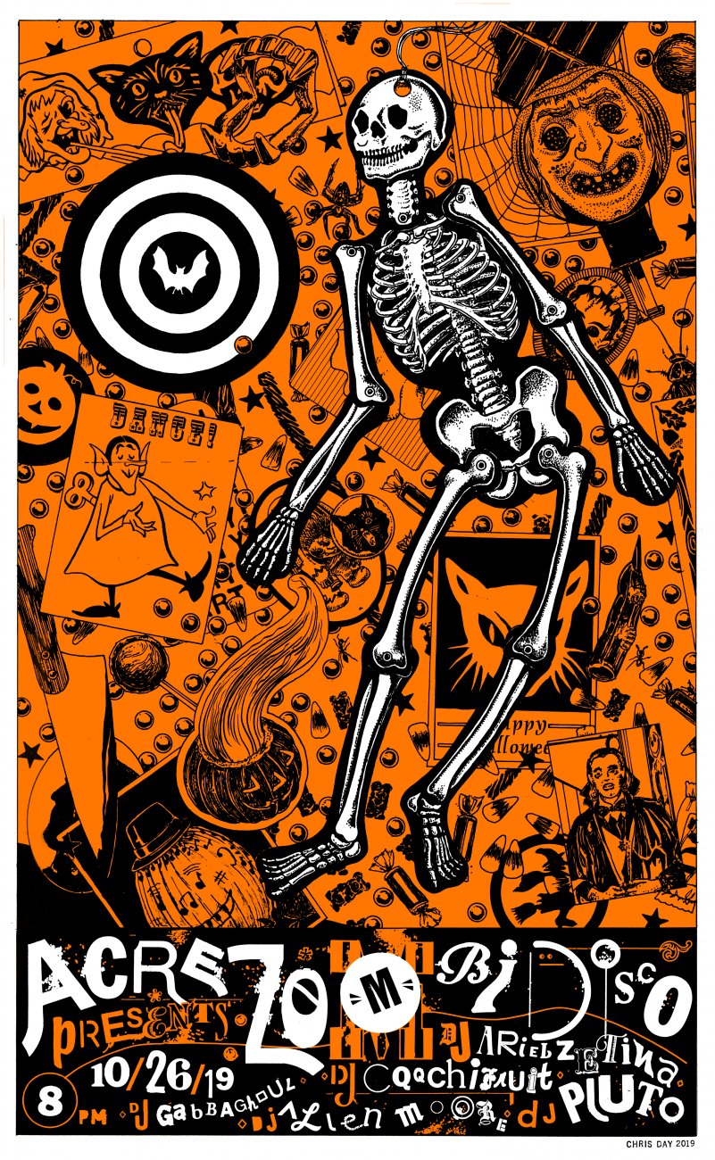 skeleton over a collaged halloween background with descriptive text of time and djs at the bottom of the poster