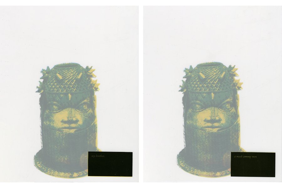 Detail shot of silkscreen prints featuring two stone head carvings with text in two black boxes saying "my brother," and "a mask among men"