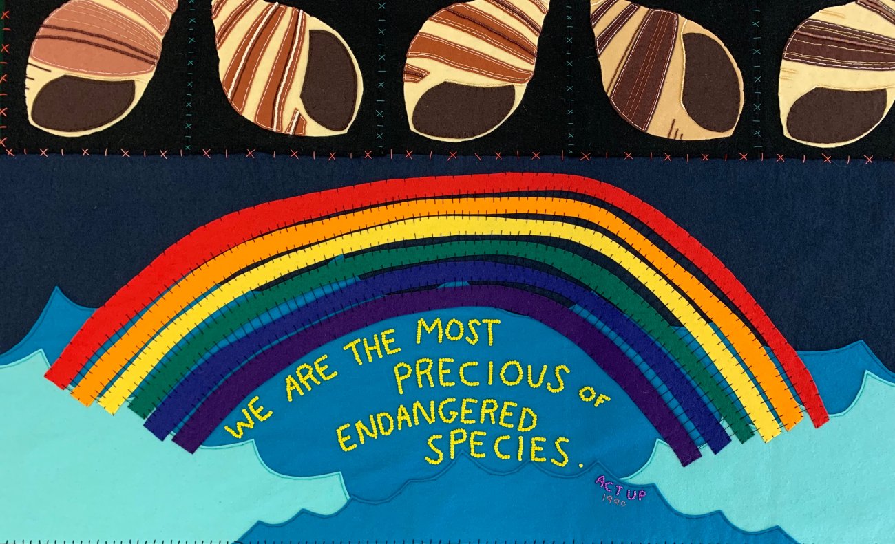 Detail shot of a quilt made by Stamm featuring a row of shells, a rainbow, and text stating "WE ARE THE MOST PRECIOUS OF ENDANGERED SPECIES."