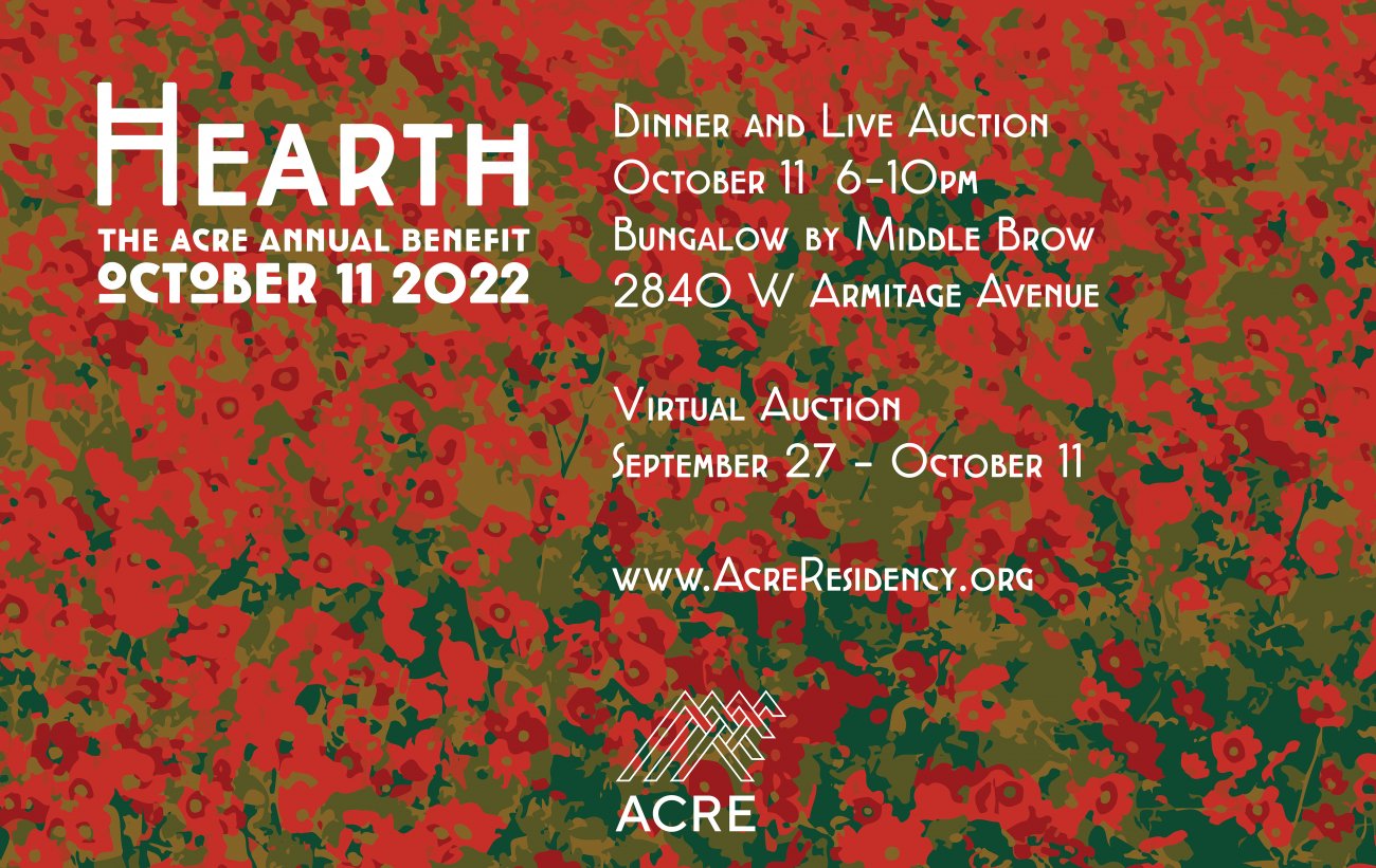 White text over multicolored prairie flower background "Hearth, the ACRE annual benefit, October 11, 2022"