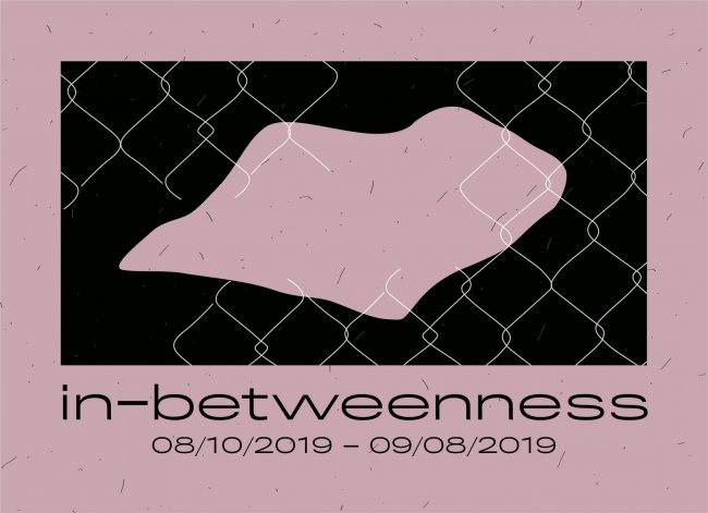 Pink and black graphic image for show "in-betweenness" at LVL3 depicting an abstract shape amidst chainlink fencing.