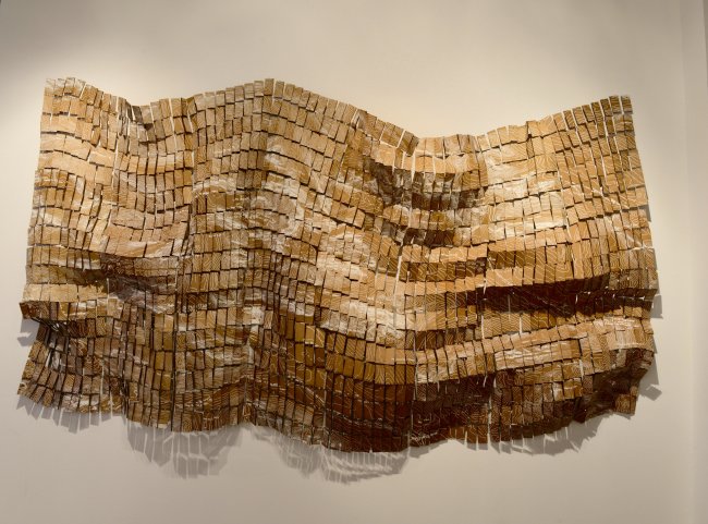 Photograph of Dominga Opazo's piece "Corrosion" made of pieces screen printed cardboard, hung on the wall. 