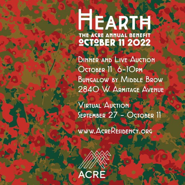 White text: Hearth, The ACRE Annual Benefit, October 11 6-10pm over multicolored prairie flower background