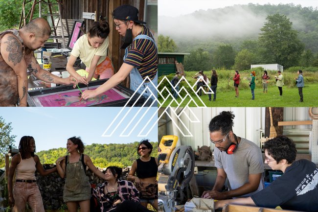 A collage of 4 images, 3 people leaning over a screen and painting, a group from a distance in a green landscape on a tour, 4 femme people stand and sit laughing together in outdoors, and a person helps another person work with the chop saw.