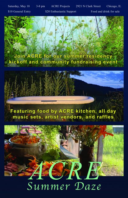 ACRE Summer Daze informational poster iwht image of bathtub in field, wildflowers against blue sky, and abundant dinner table with flowers laid on it